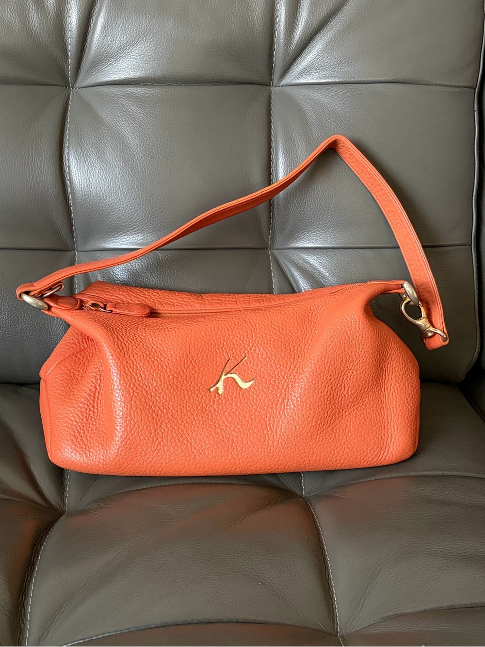 Kitamura Japan Signature Orange Pebbled Leather Shoulder Bag